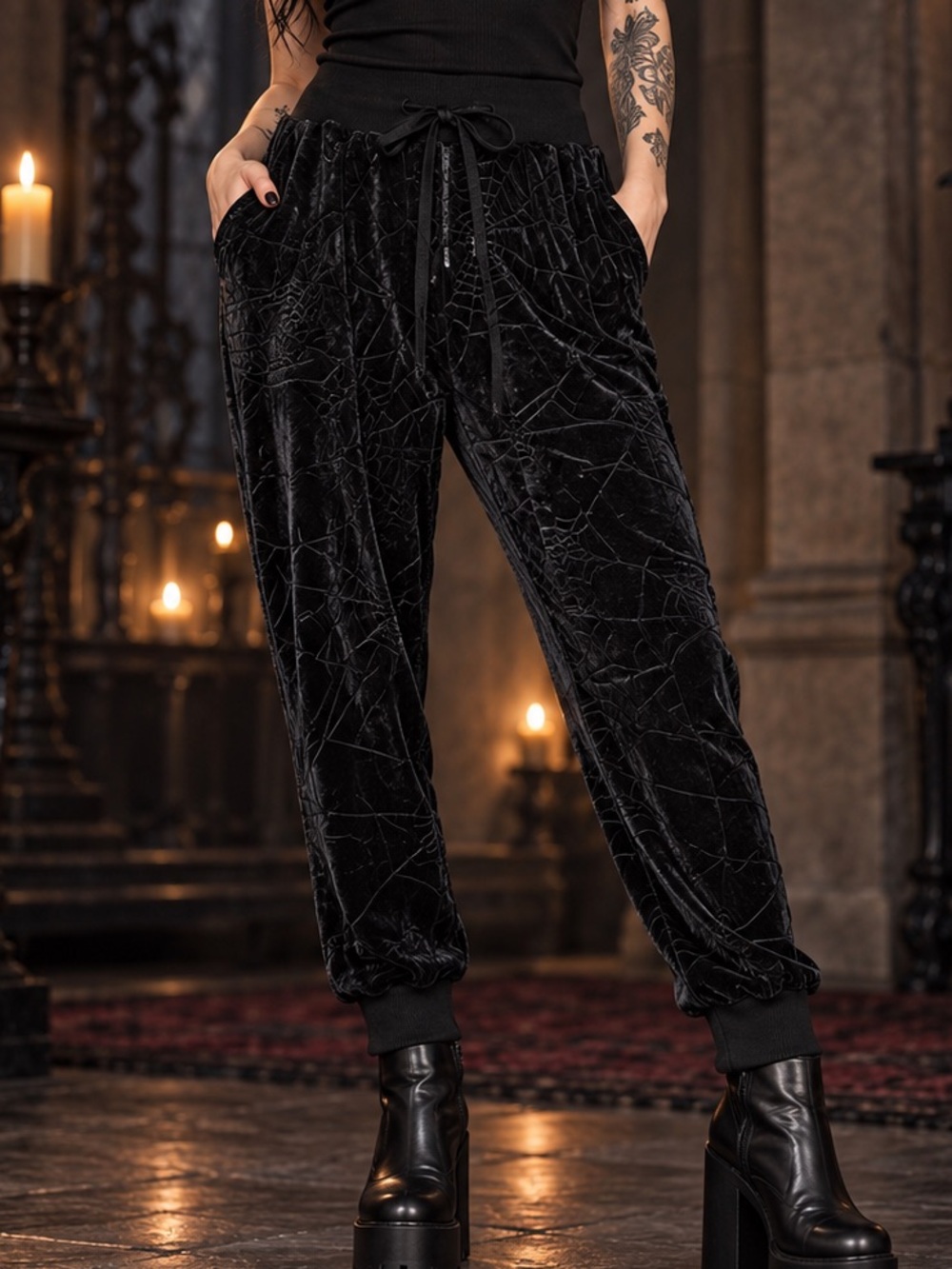 KILLSTAR Black Velvet Embossed Spiderweb Gothic Jogger Pants Size Small